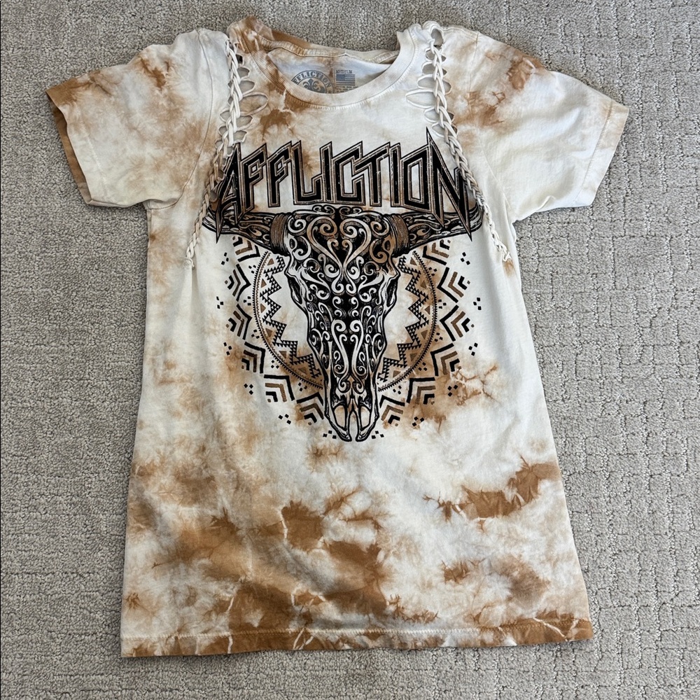 Affliction Tye Dye Slices Tee cow skull braided